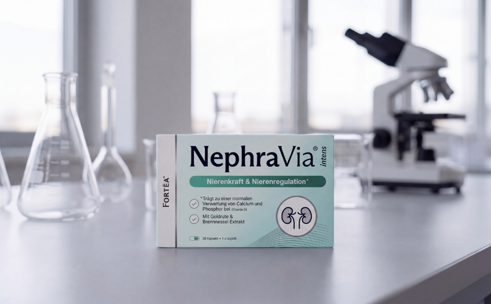 A box of NephraVia intens on a lab bench with a microscope and beakers in the background.