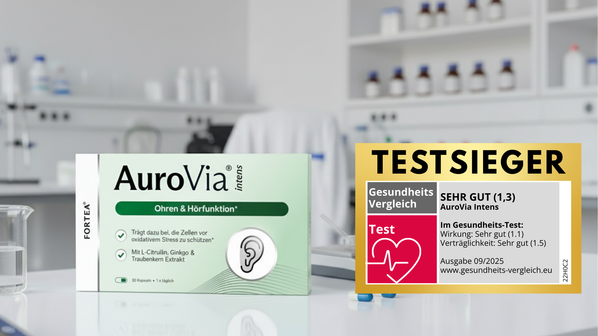 AuroVia Intens product packaging in a laboratory setting with award label 'TESTSIEGER'.