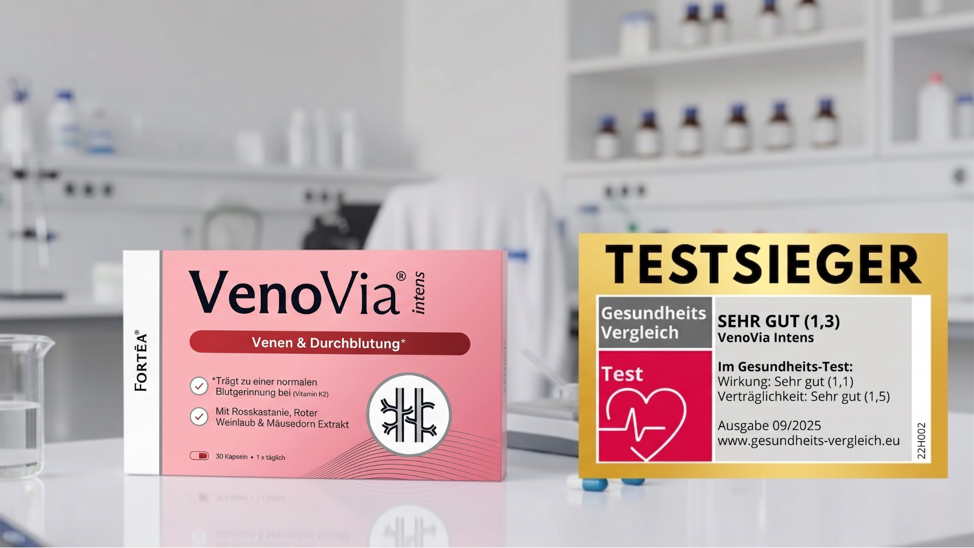 AuroVia Intens product packaging in a laboratory setting with award label 'TESTSIEGER'.