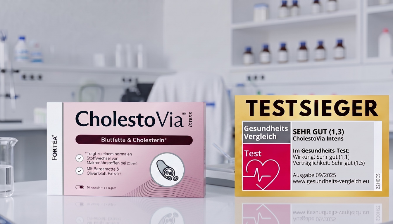 AuroVia Intens product packaging in a laboratory setting with award label 'TESTSIEGER'.
