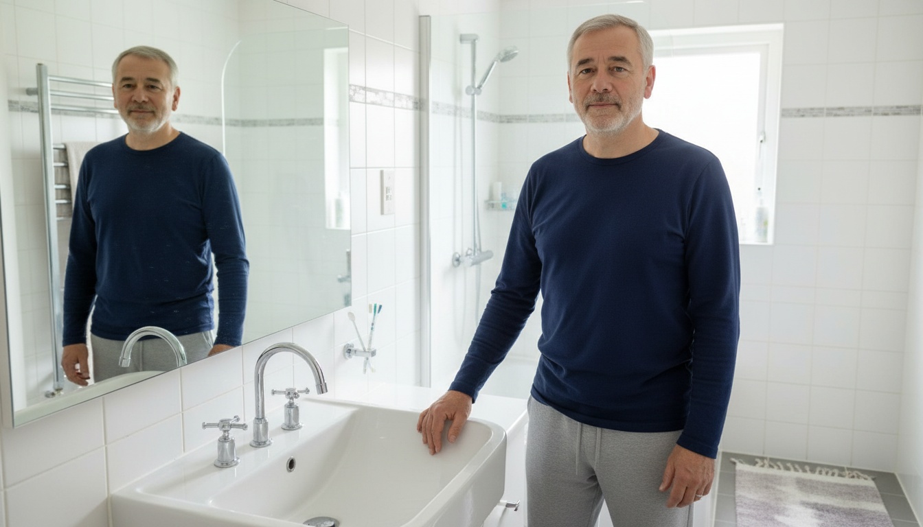 A middle-aged man with grey hair wearing a blue long-sleeved shirt stands in a white-tiled bathroom.