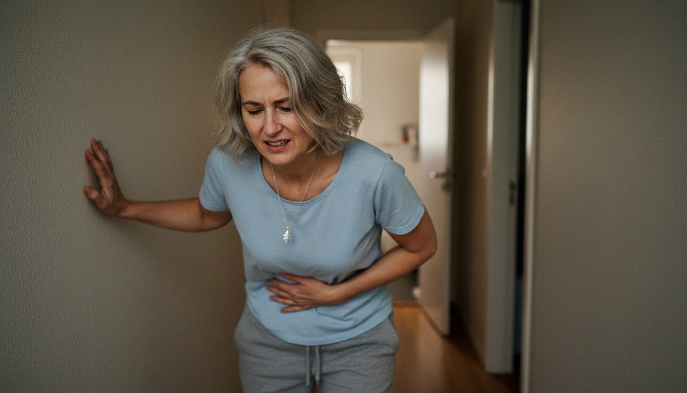 A woman with gray hair clutches her stomach in pain while leaning against a wall in a hallway.