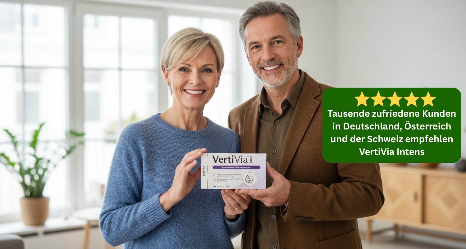 A smiling man and woman hold a box of VertiVia supplements in a brightly lit room.