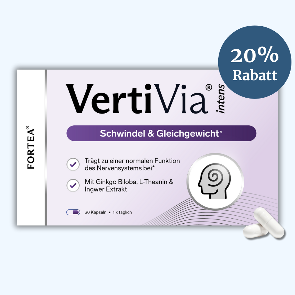 VertiVia supplement box promoting balance and dizziness relief with discount label.