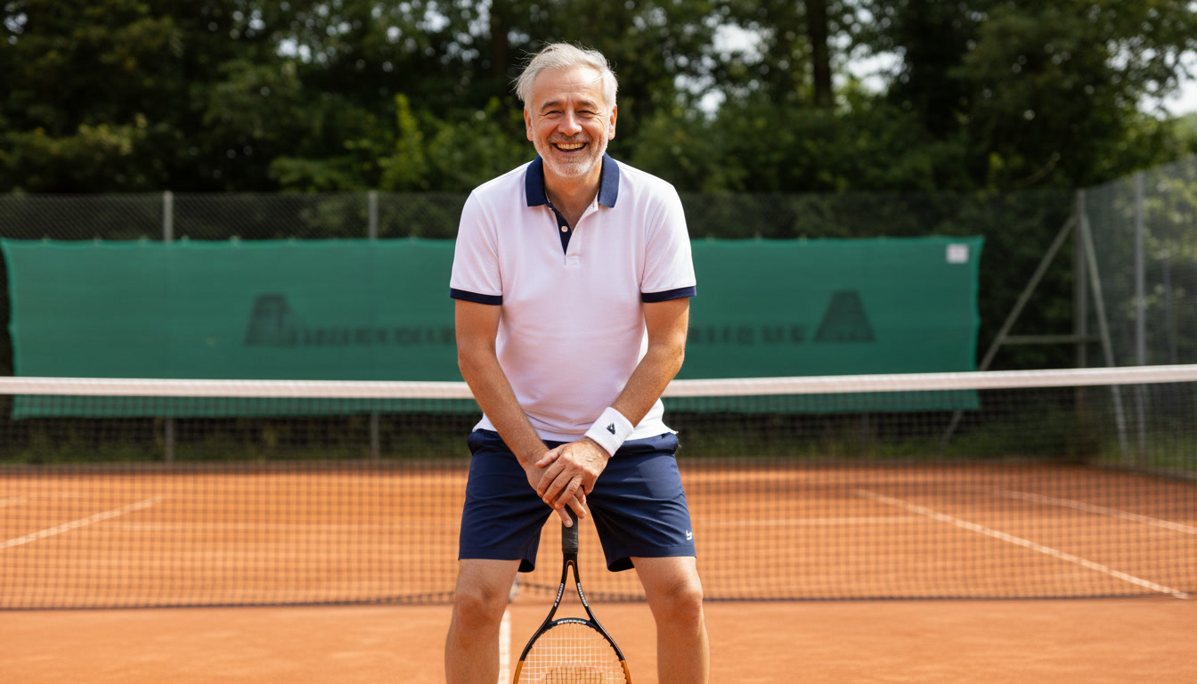 A smiling older man in tennis clothes holds a racket on a clay court.
