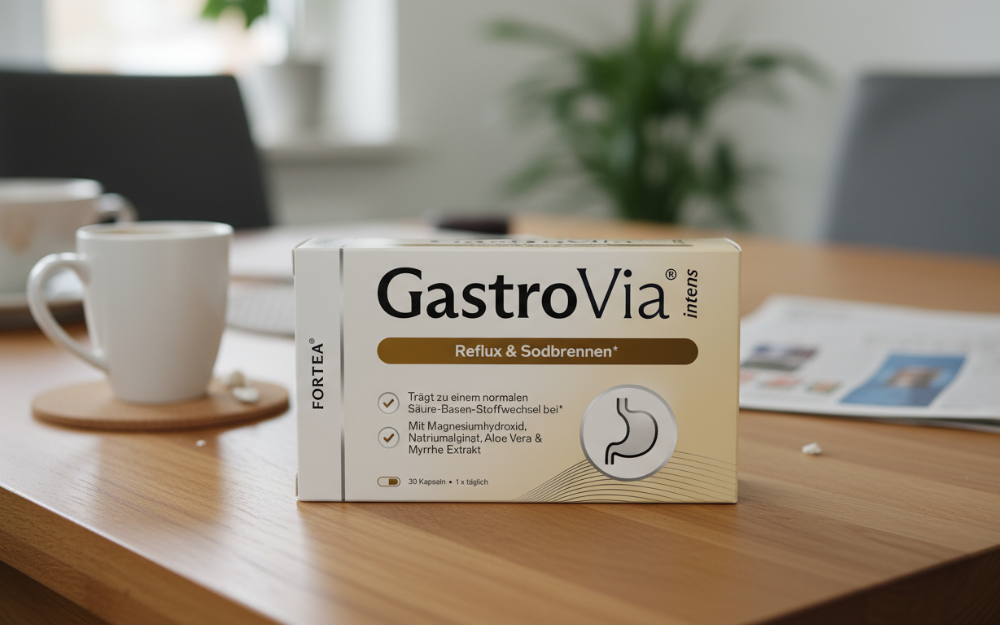 Box of GastroVia capsules on a table with mug and papers.