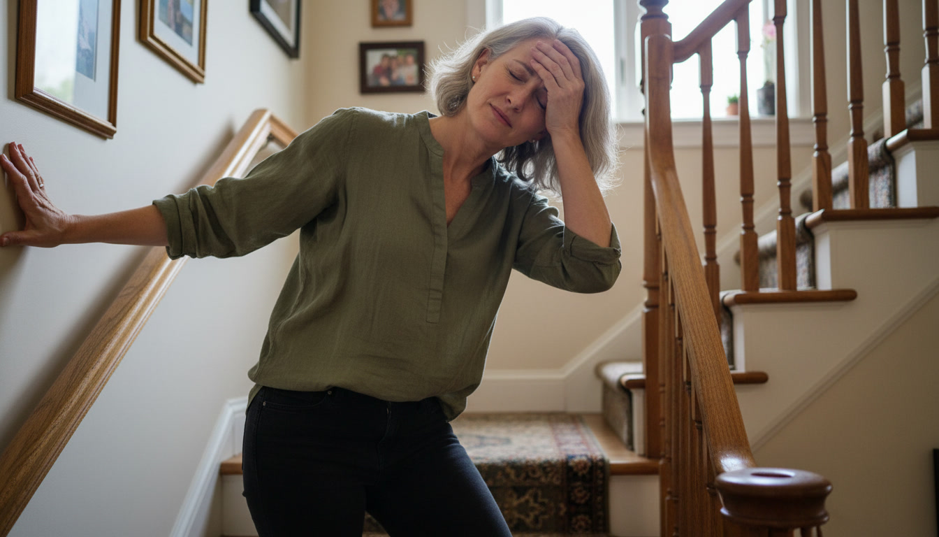 A woman looking unwell holds her head while leaning against a wall next to a staircase.