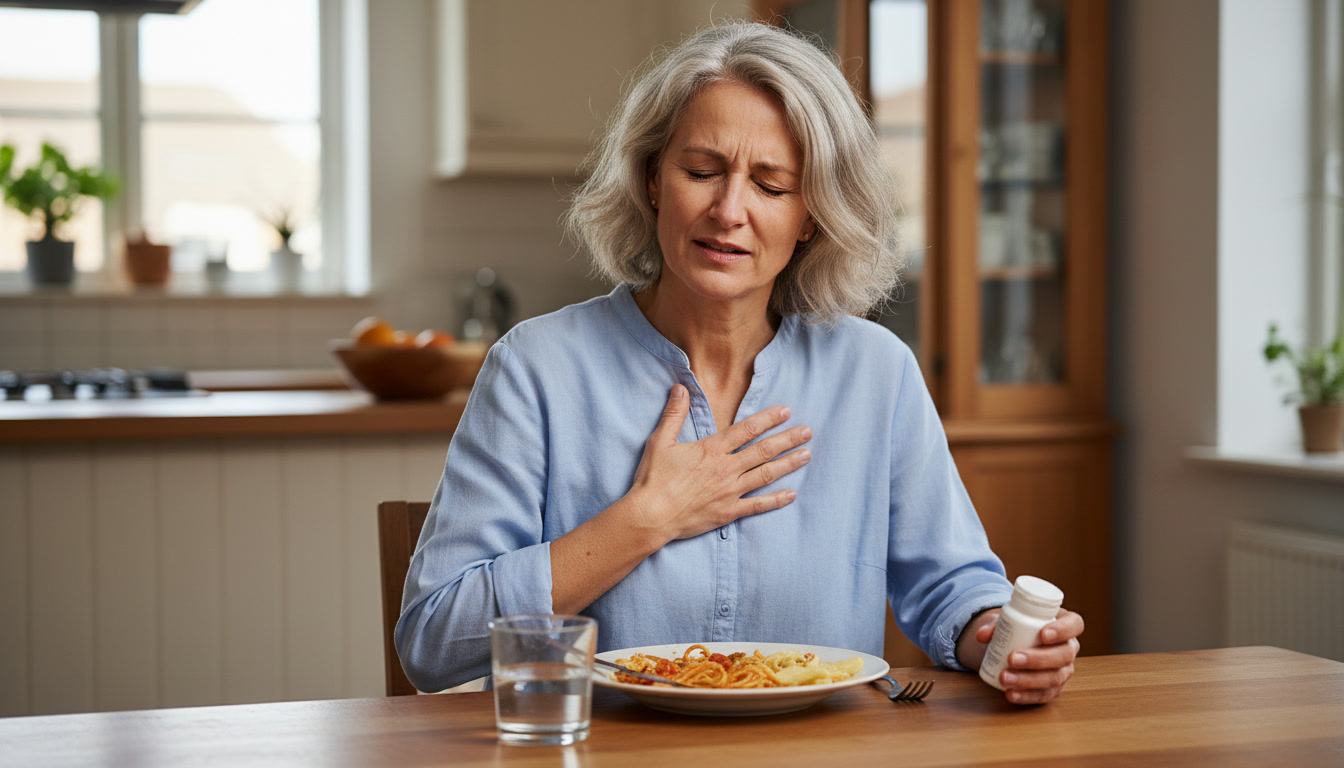 A woman with gray hair clutches her chest in discomfort while holding a pill bottle at a dining table.