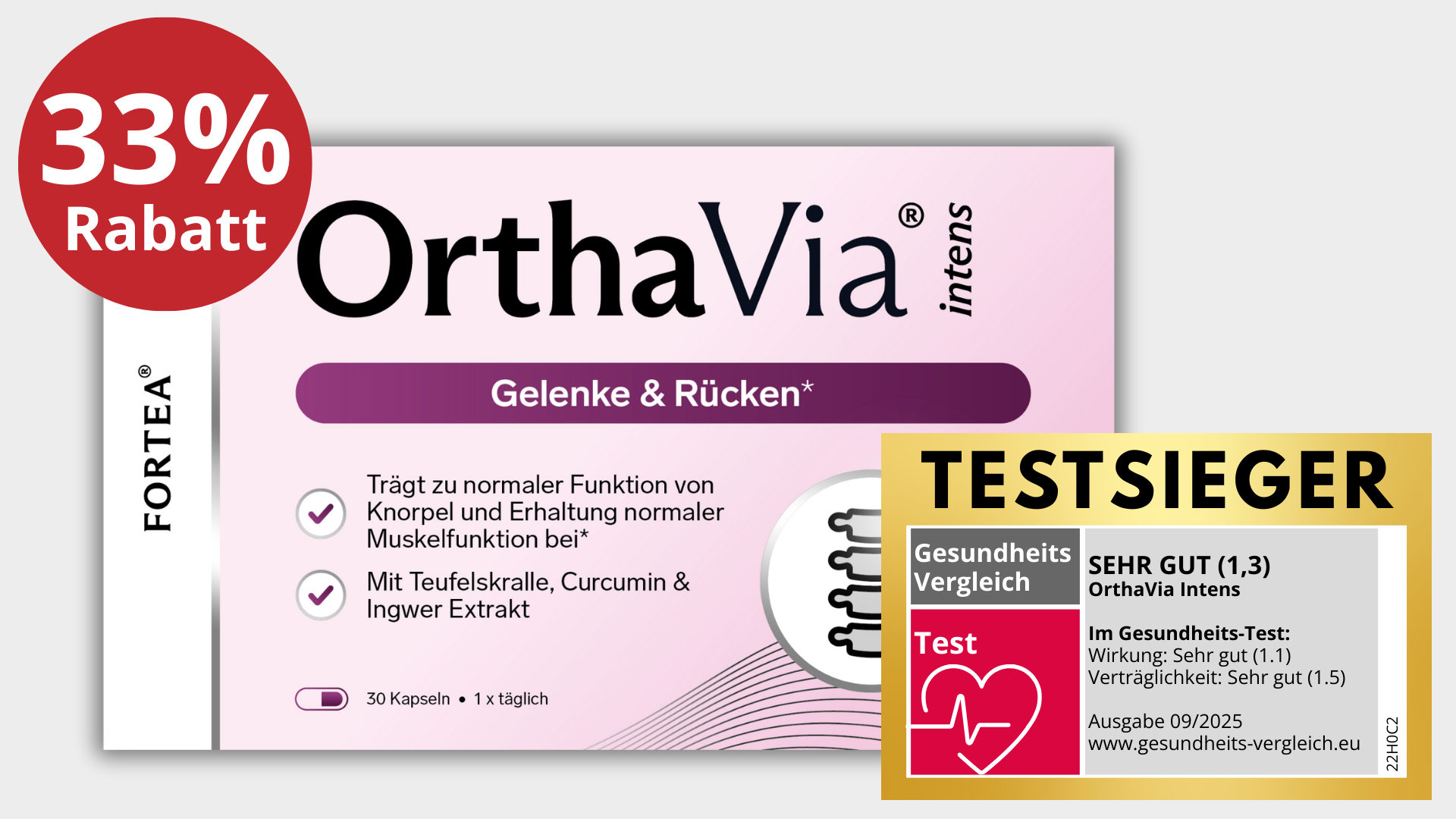 Packaging of OrthaVia Intens capsules with discount and award label.