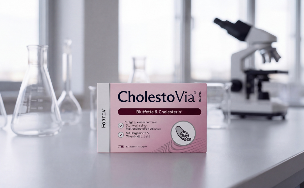 A box of CholestoVia intens on a lab bench with beakers and a microscope in the background.