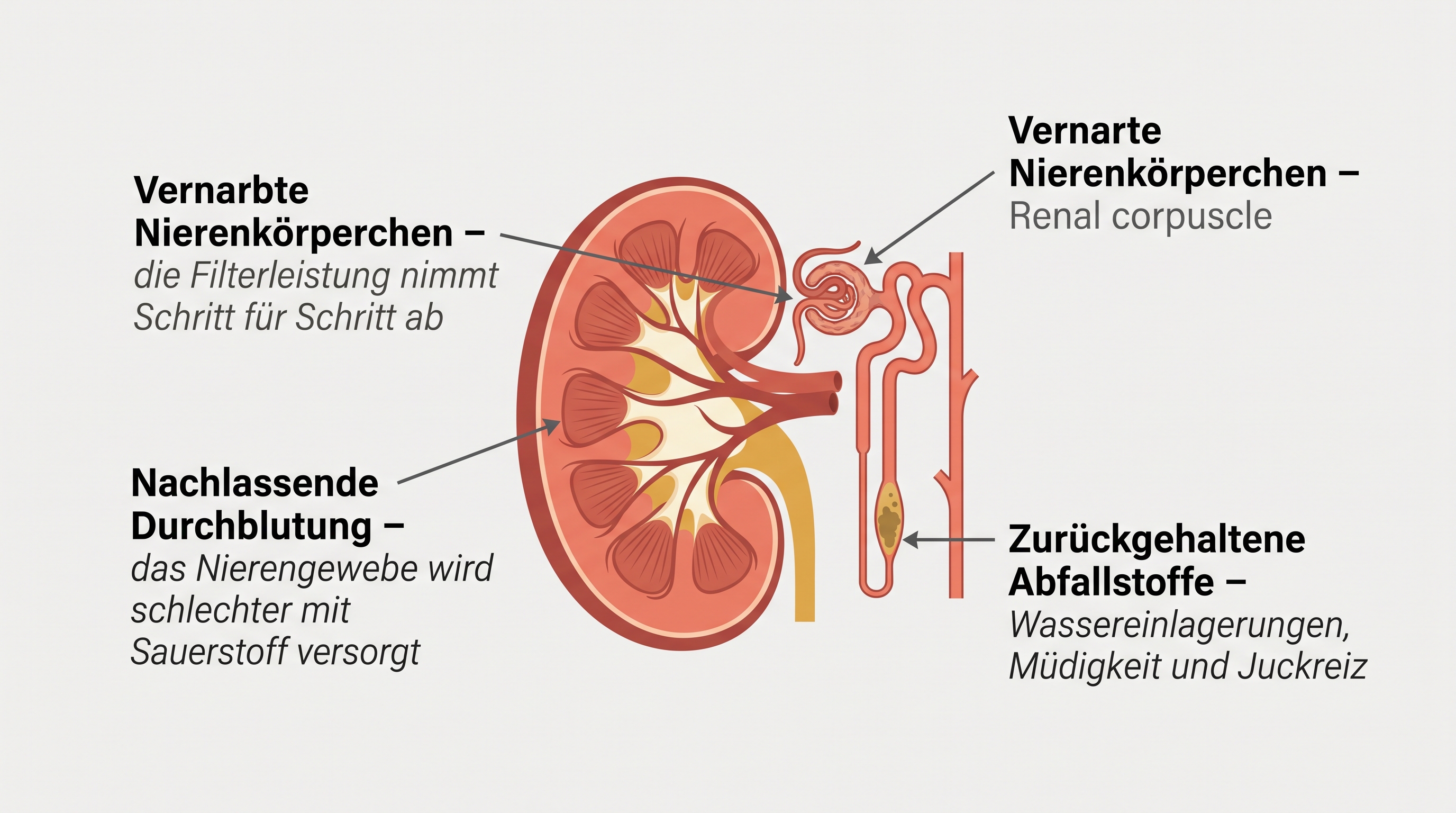 A medical illustration of a kidney and nephron, with German labels pointing out areas of dysfunction.