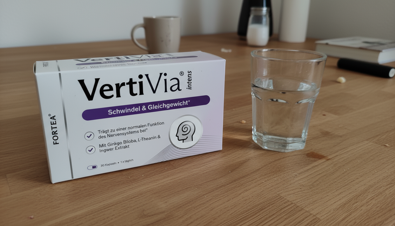 Box of VertiVia capsules and a glass of water on a wooden table.