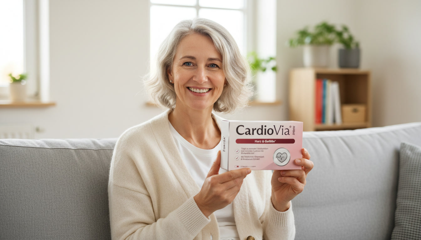 A smiling, grey-haired woman sits on a couch holding a box of CardioVia supplement.