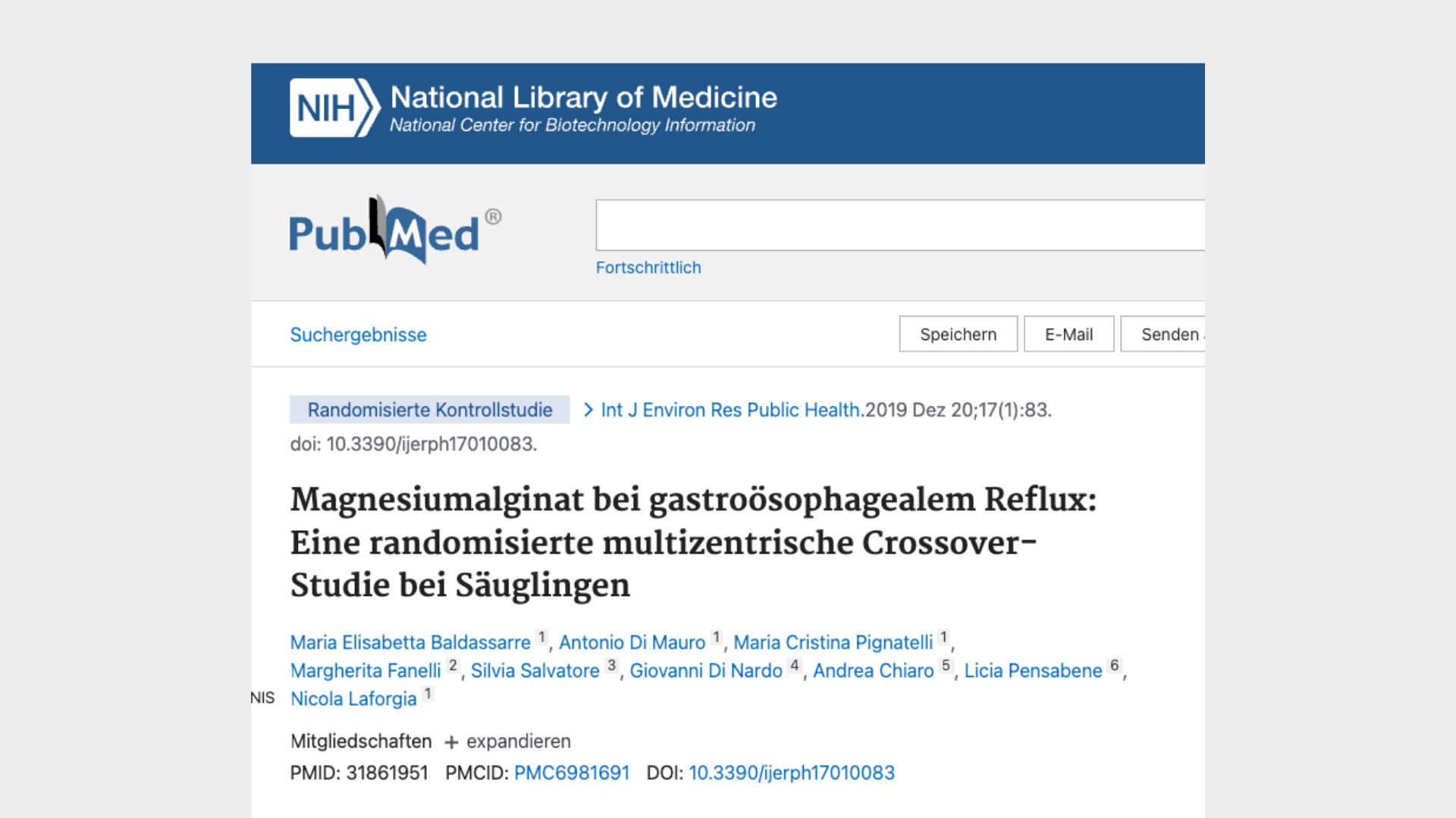 Screenshot of a PubMed article in German about gastroesophageal reflux study.