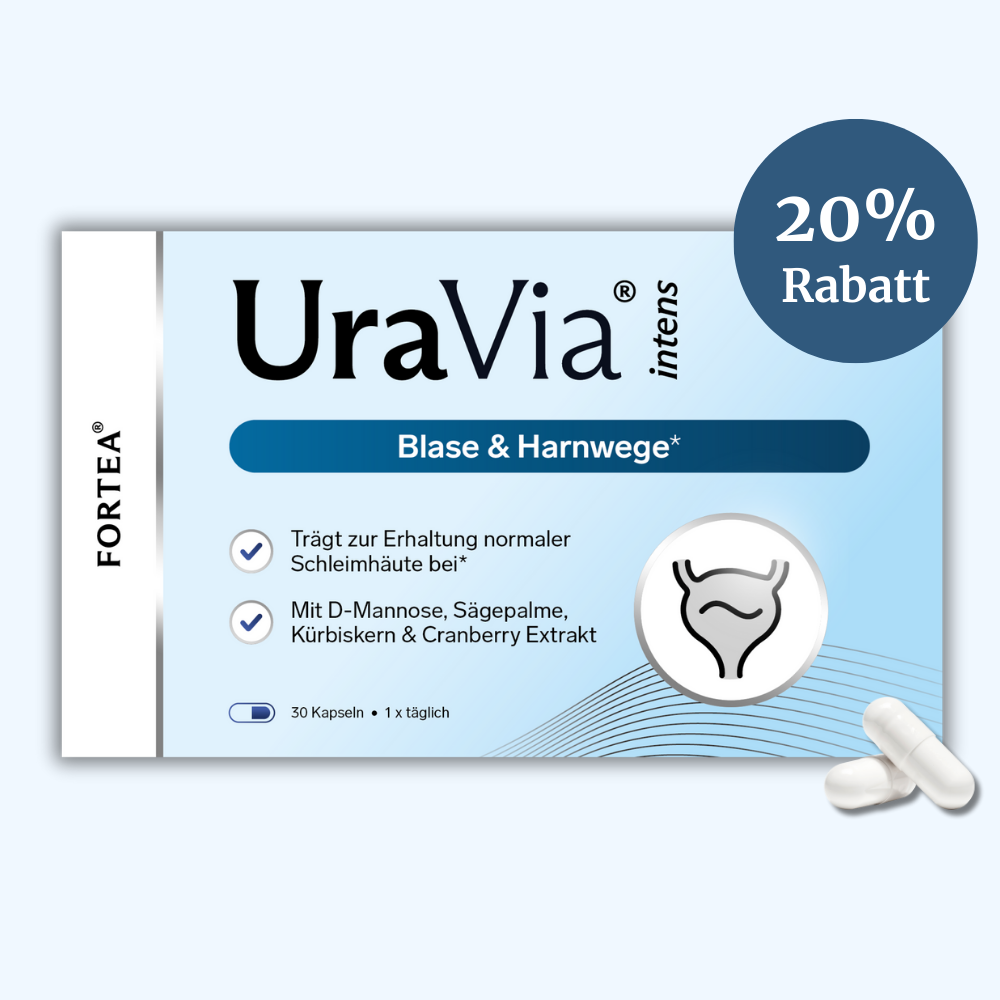 Packaging of UraVia capsules for bladder health with ingredients and a 20% discount badge.