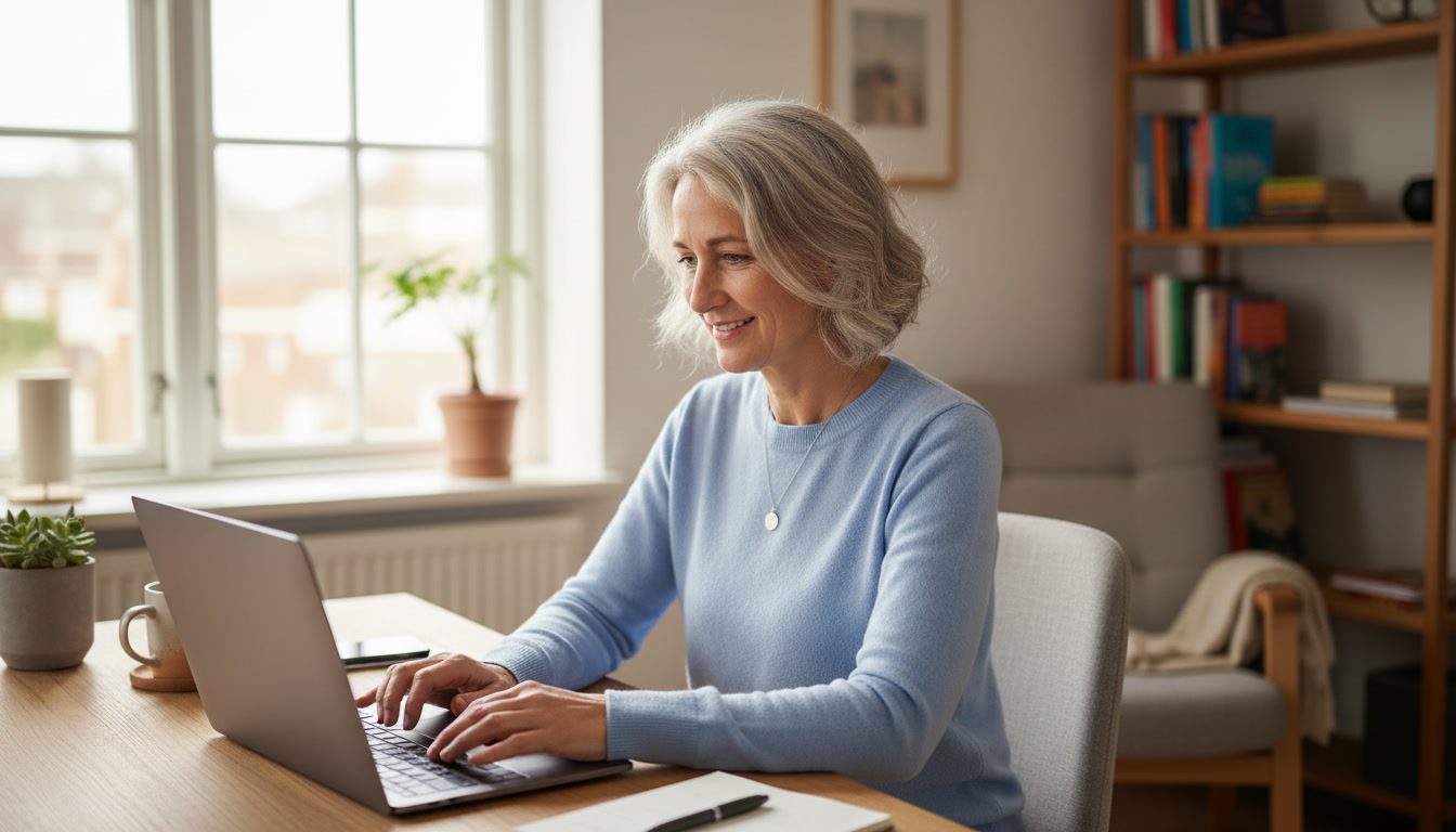A smiling, gray-haired woman sits at a wooden desk and types on a laptop computer.
