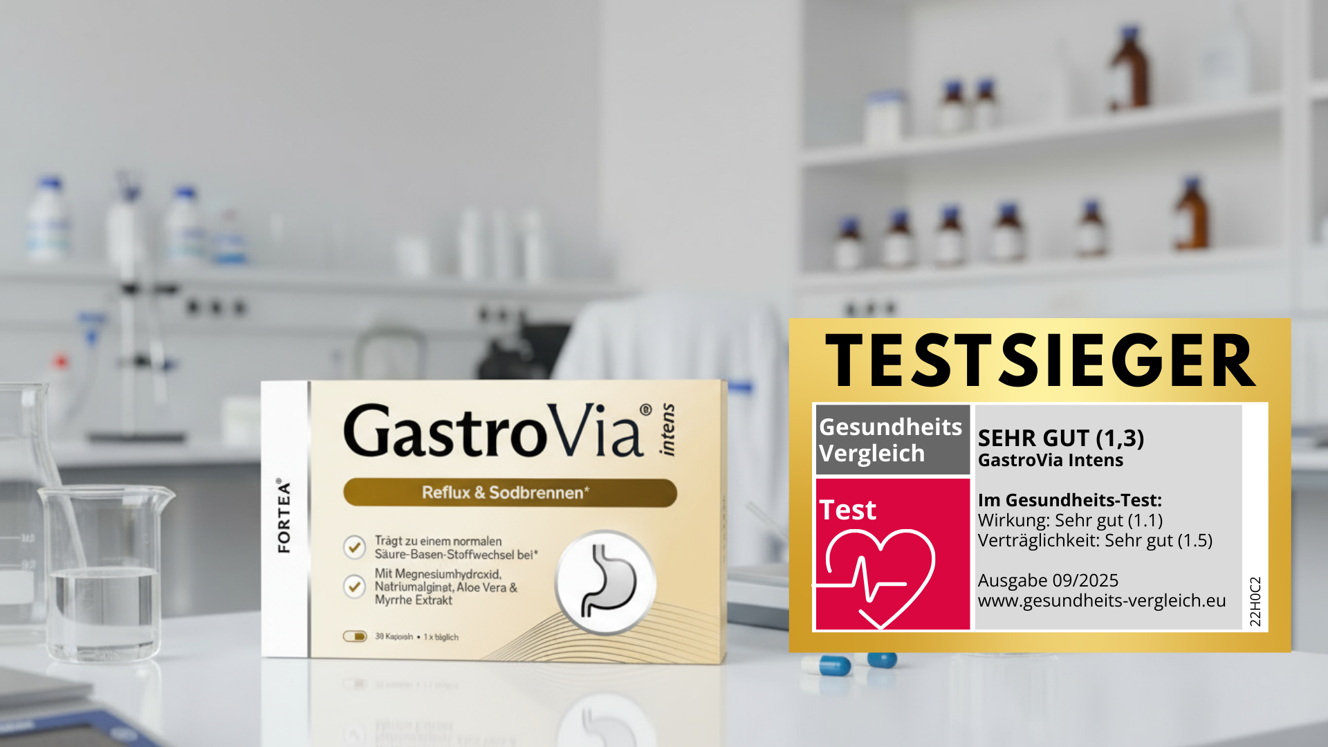 Box labeled 'GastroVia' with a 'TESTSIEGER' award label, in a white lab setting.