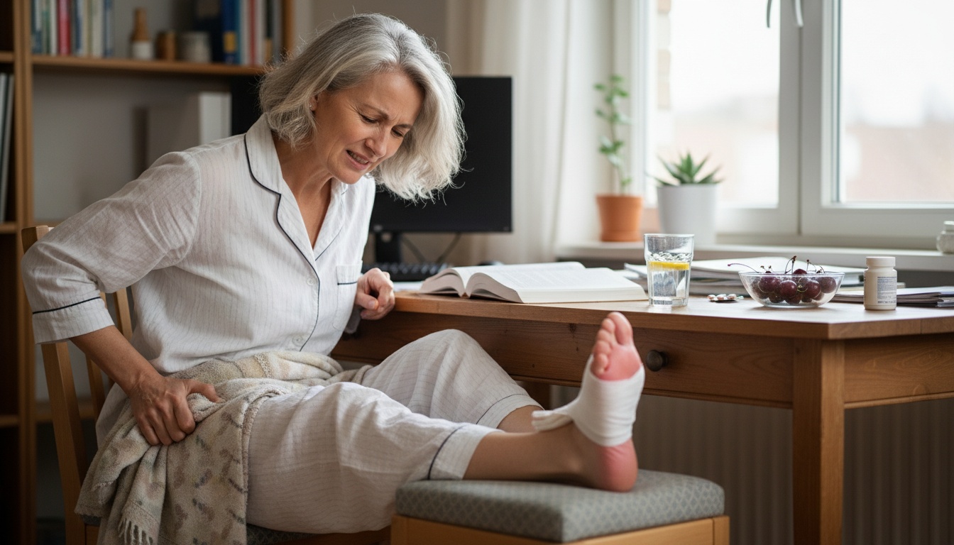 A woman in pajamas sits at a desk, grimacing in pain with her bandaged foot propped up.