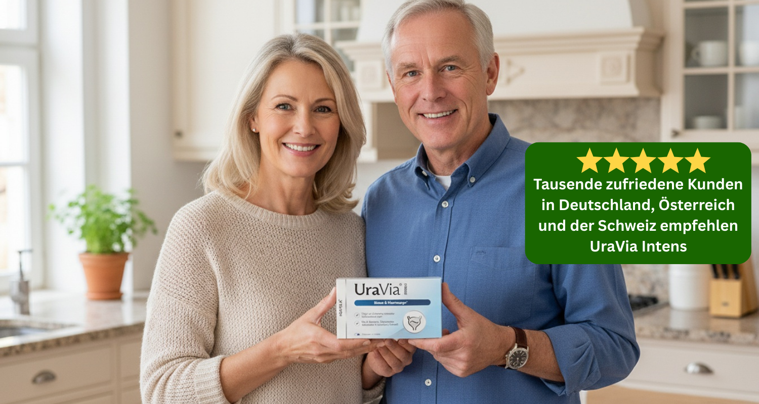 A smiling couple stands in a kitchen holding a box of UraVia Intens.