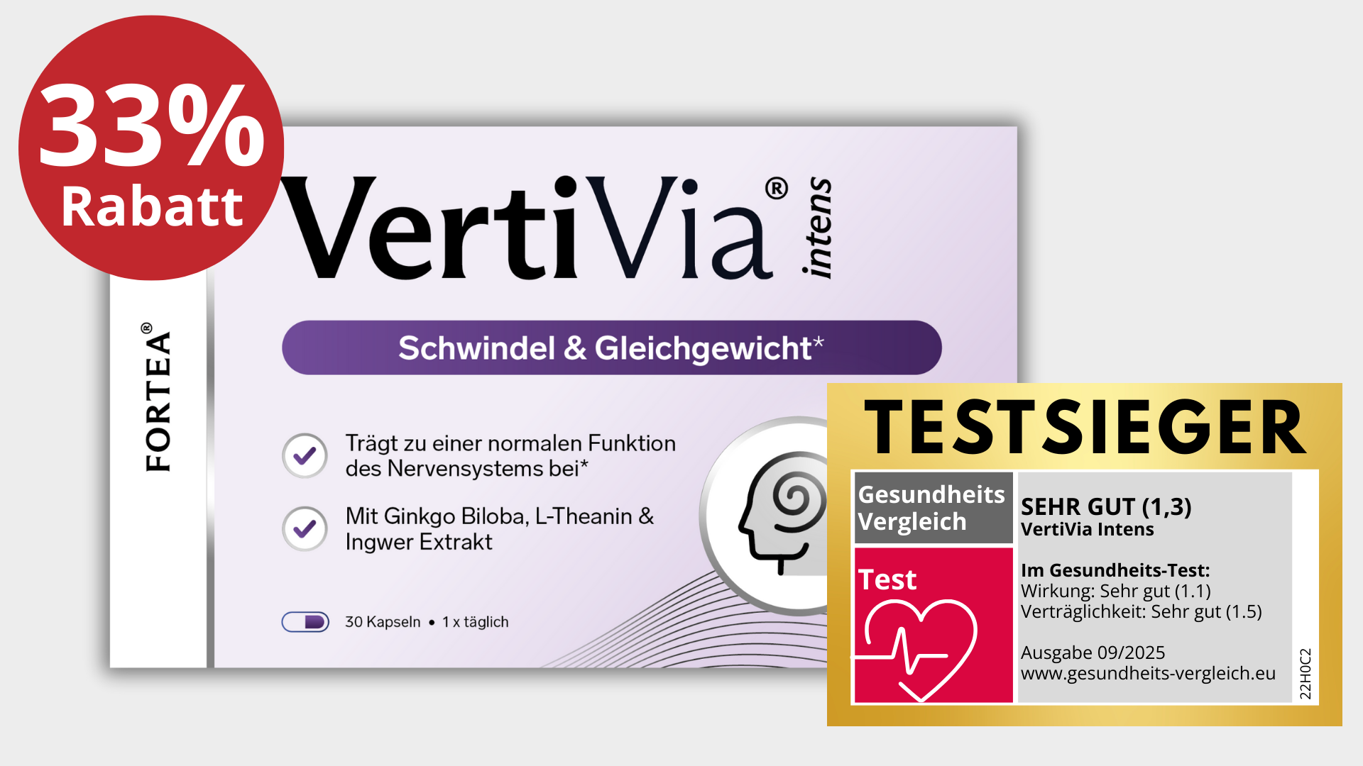 Product packaging with discount badge and 'Testsieger' quality label.