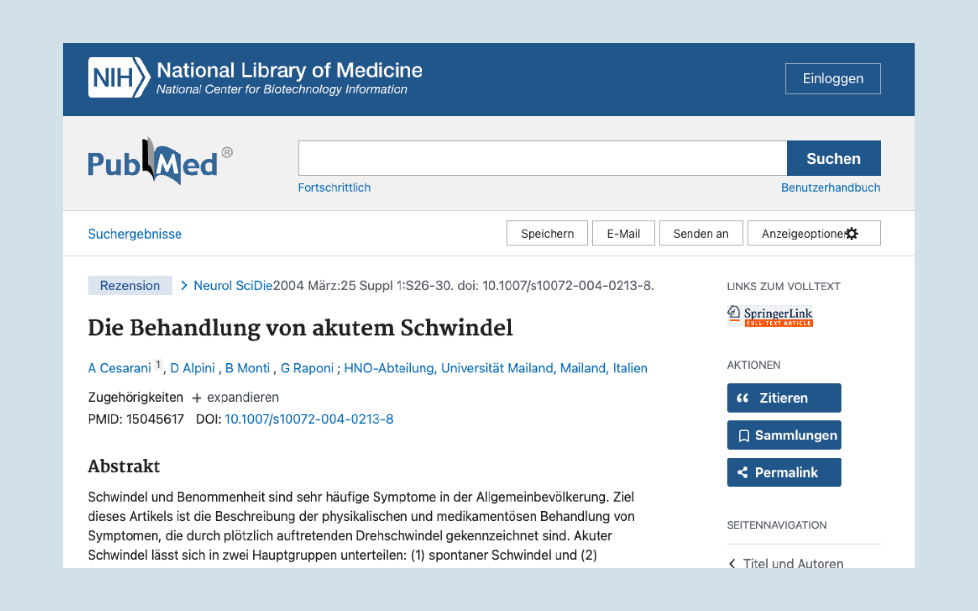 Screenshot of a PubMed article webpage in German about acute vertigo treatment.