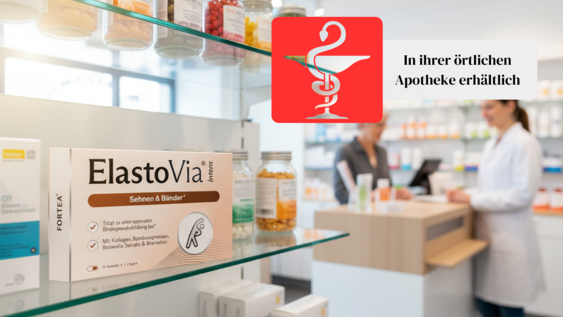 Pharmacy interior with medicine shelves and two people interacting at a counter.