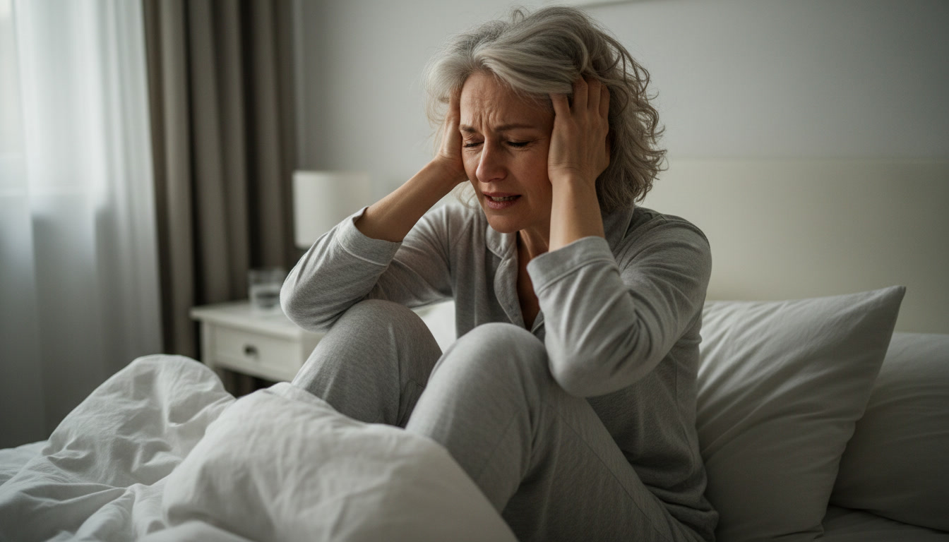 A distressed woman in pajamas sits up in bed, holding her head with both hands.