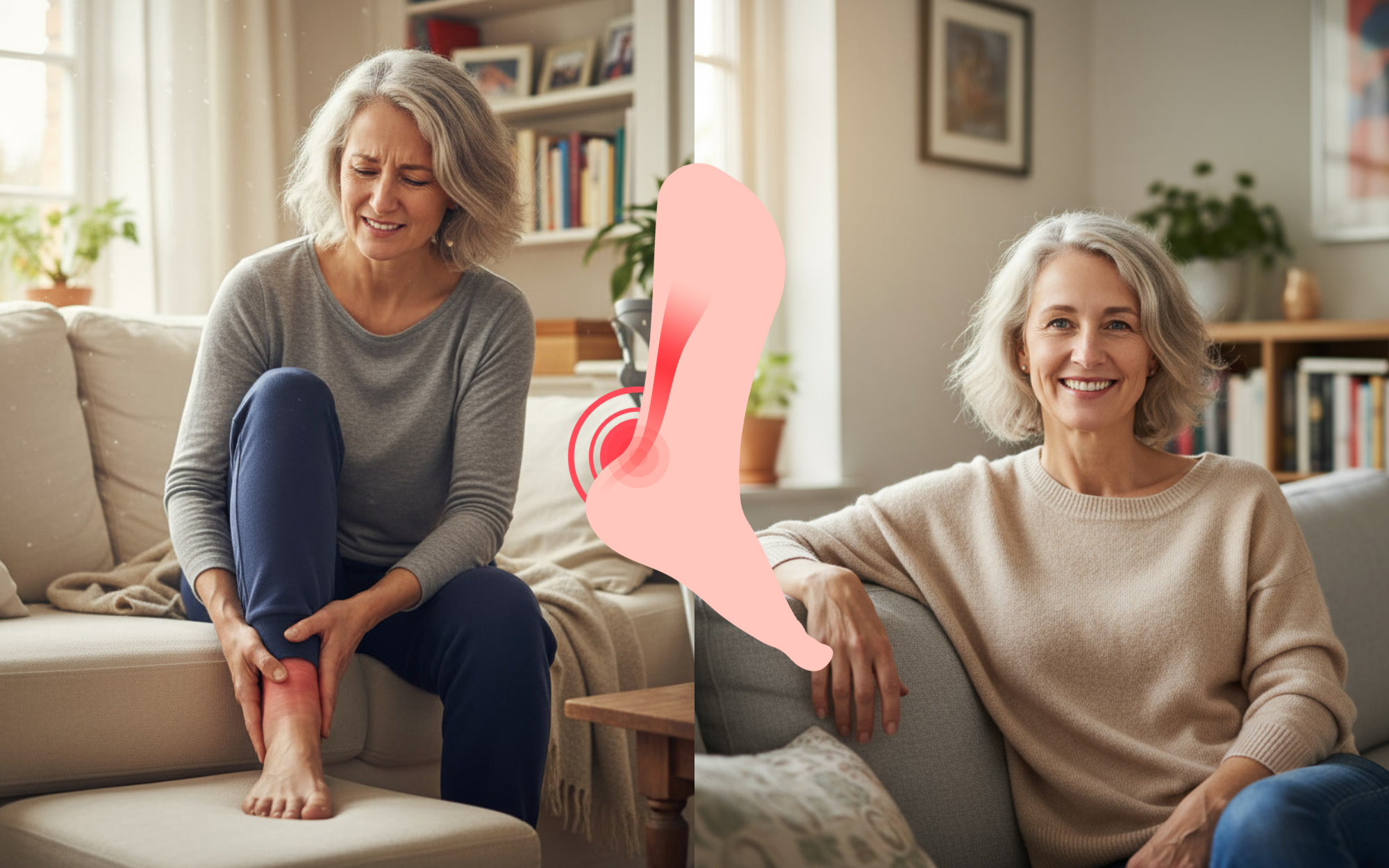 Two-panel image of a woman holding her ankle, illustration of foot pain, and smiling on a couch.