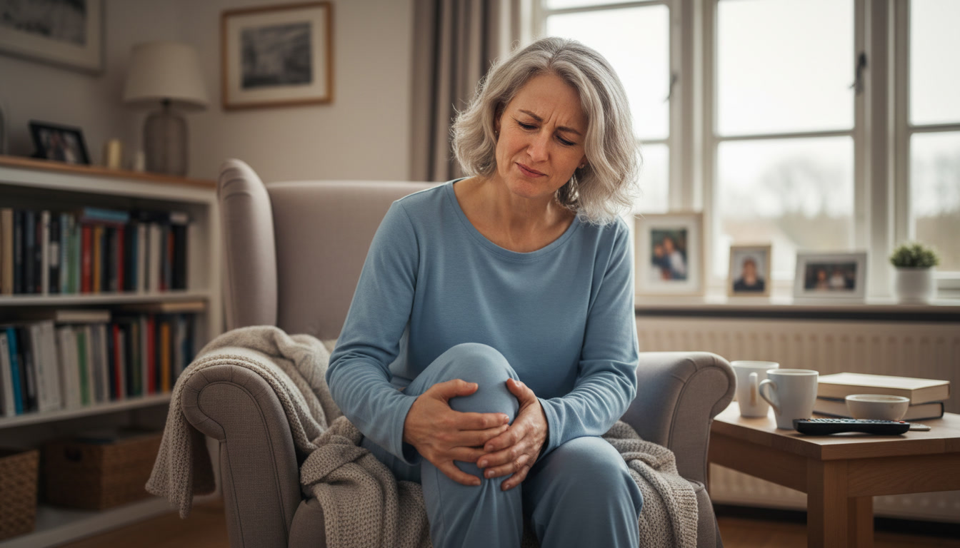A woman with a pained expression sits in an armchair and holds her knee.