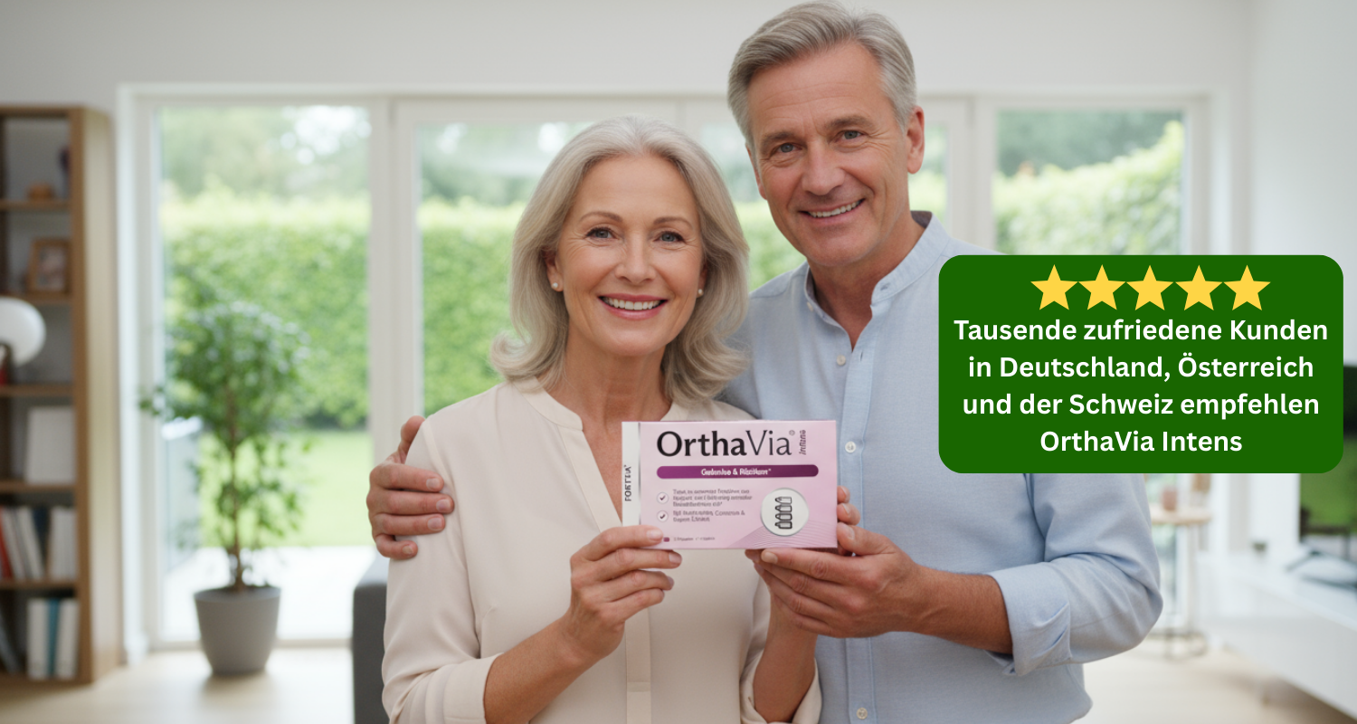 A smiling older couple holds a box of OrthaVia Intens in their living room.