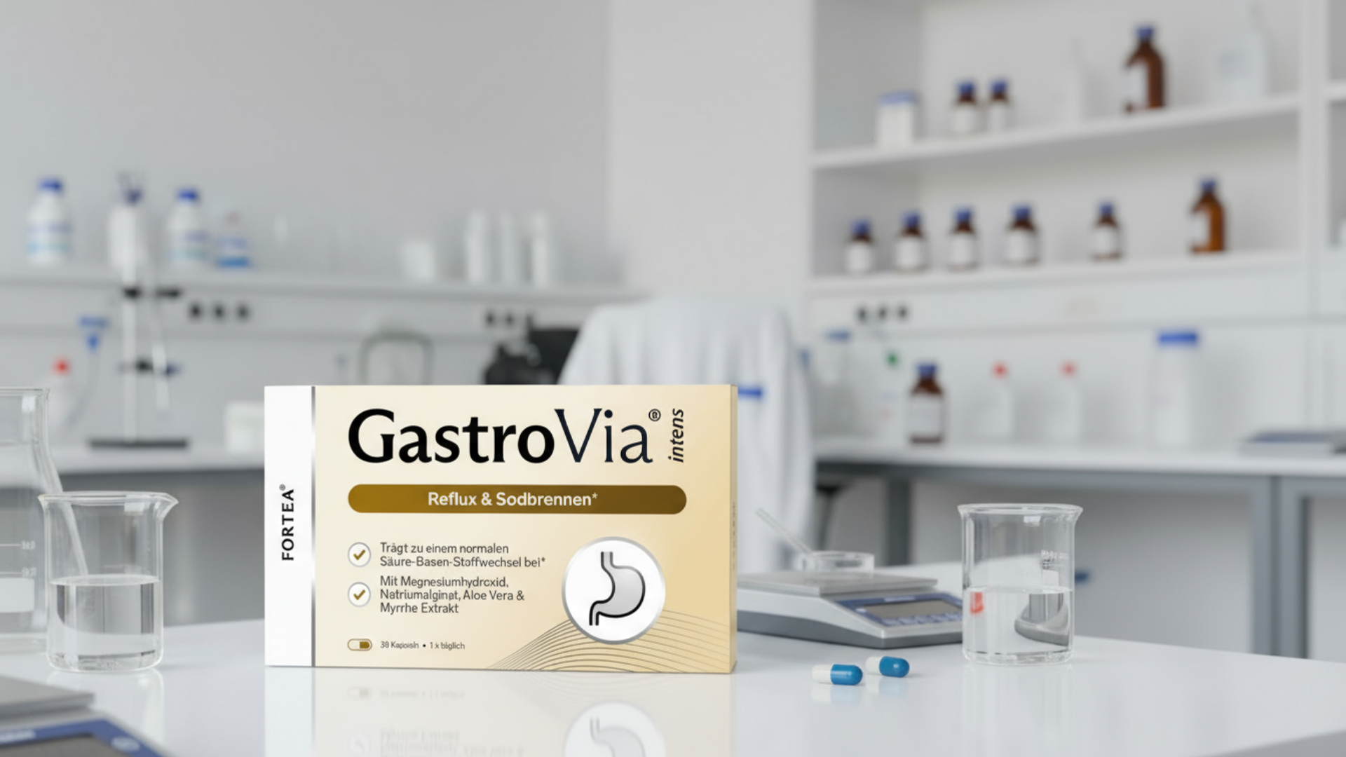 Box of GastroVia medication in a laboratory setting with beakers and bottles.