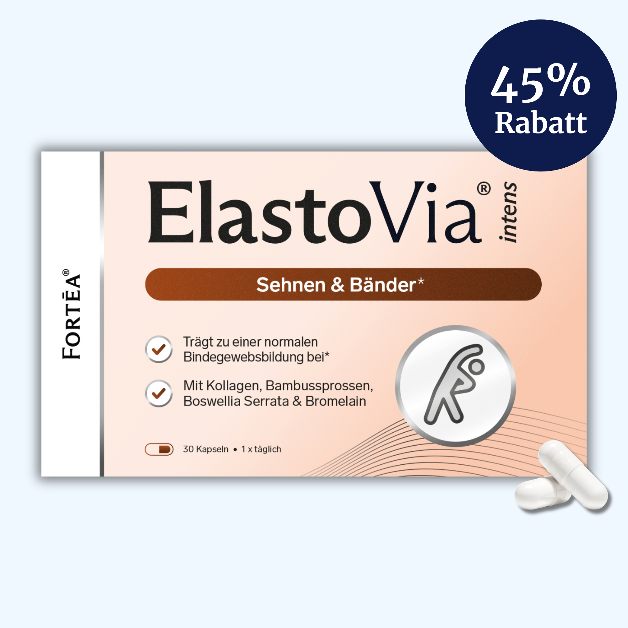 A product box for ElastoVia intens supplements, with a 45% discount badge and two white capsules.