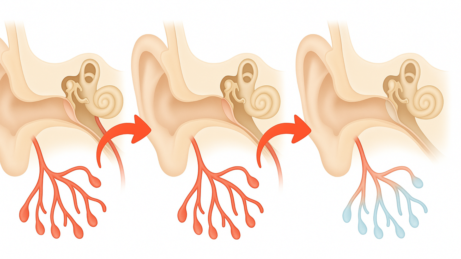 Diagram showing stages of ear canal fluid accumulation and drainage.