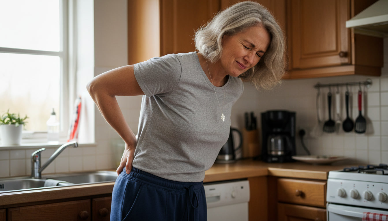 A woman with gray hair holds her lower back in pain while standing in a kitchen.