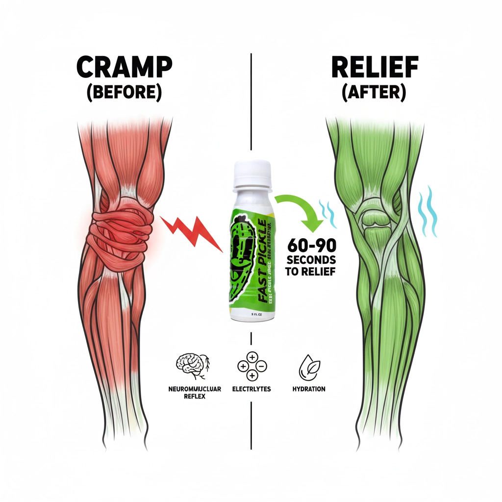 Illustration of muscle cramp before and relief after using Fast Pickle drink.