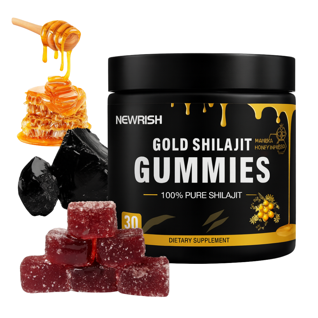 Black jar labeled Gold Shilajit Gummies with honey, gummy pieces, and shilajit resin.