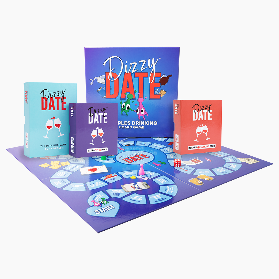 Board game set with colorful boxes and game board titled 'Dizzy Date.'