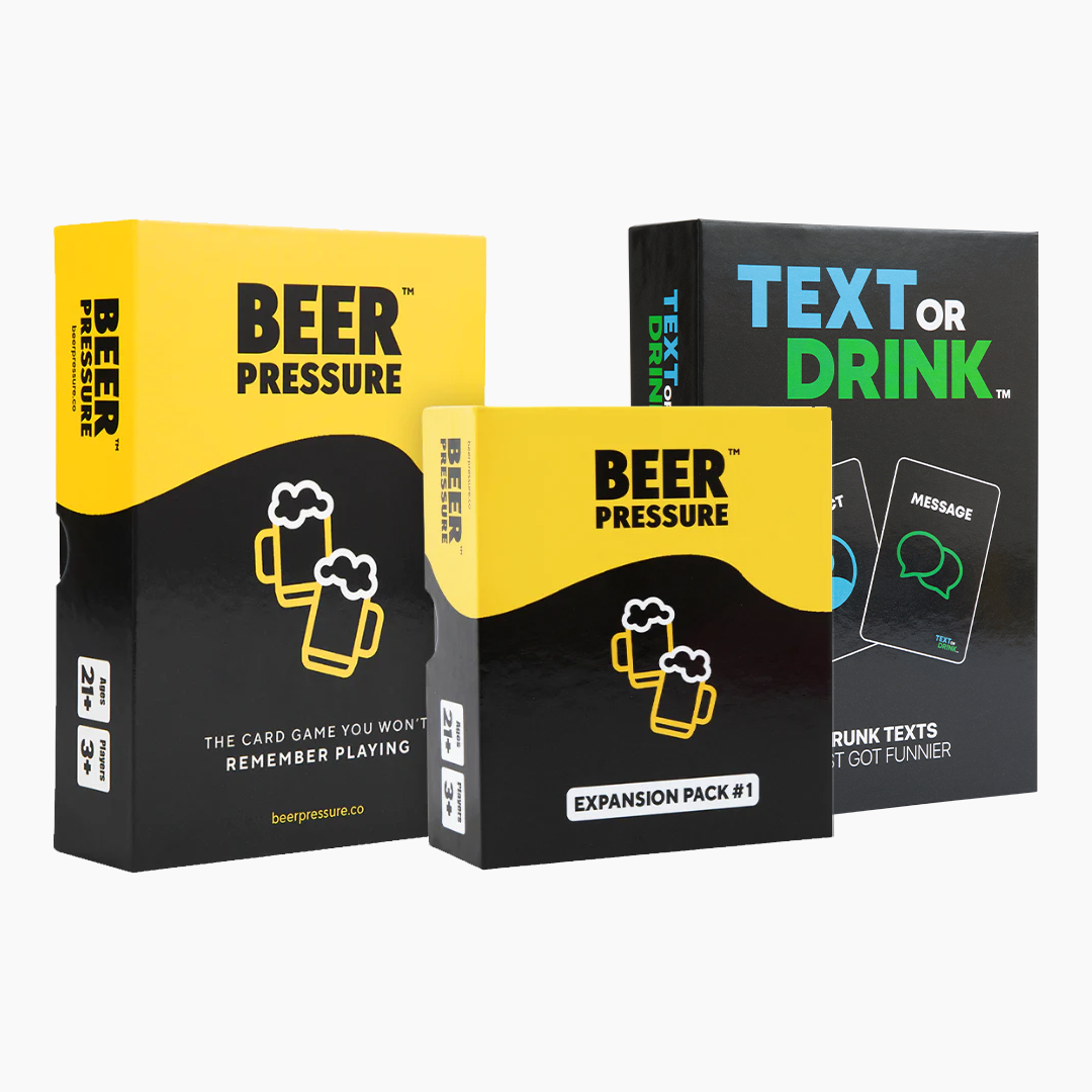 Three card game boxes: Beer Pressure and Text or Drink.