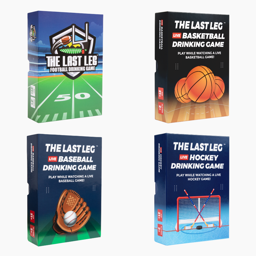 Four boxes of sports-themed drinking games for football, basketball, baseball, and hockey.