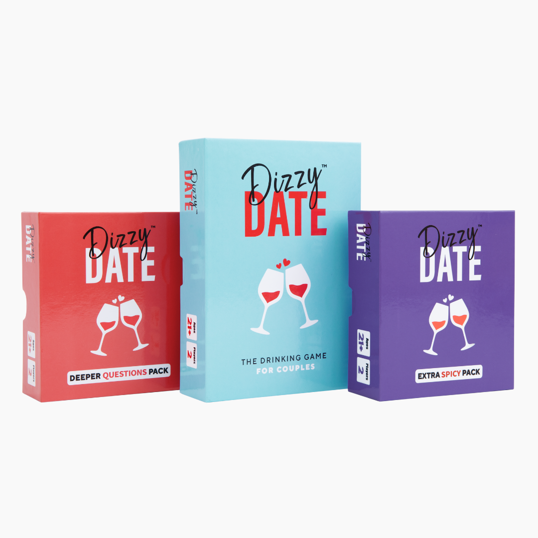 Three colorful boxes of a drinking game called Dizzy Date.