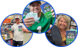 Three people holding lottery tickets in a collage of circular frames.