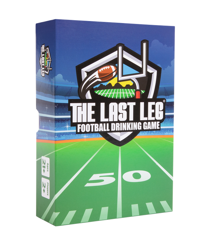 Box of 'The Last Leg' football drinking game with field and goalpost design.