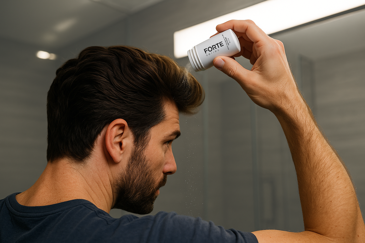 Man applying hair product from a bottle labeled 'FORTE' in a bathroom.