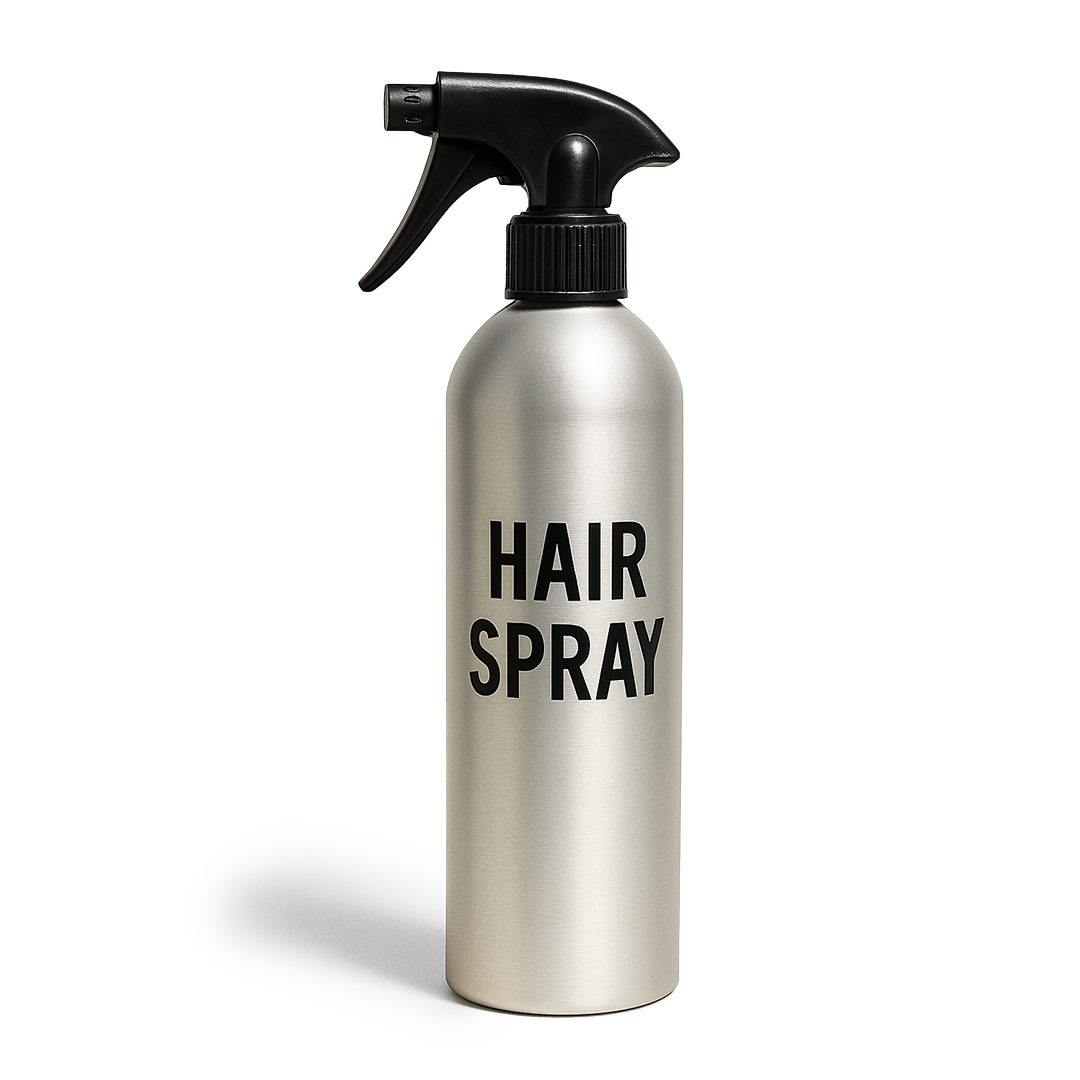 Silver spray bottle labeled 'Hair Spray' with a black nozzle.