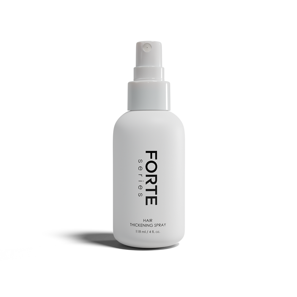 White bottle of Forte Series Hair Thickening Spray, 118 ml.