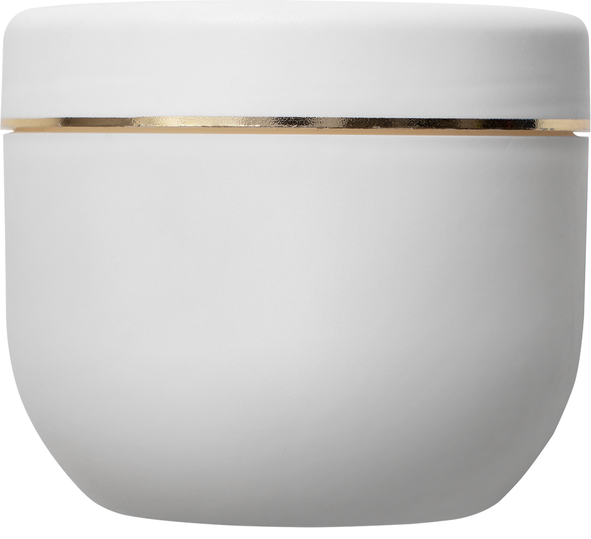 White container with a gold band near the top.