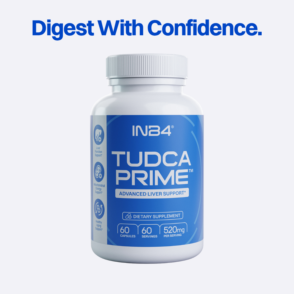Graphic showing a bottle of TUDCA Prime, detailing its ingredients: TUDCA (500mg) and Mitoprime L-Ergothioneine (20mg).