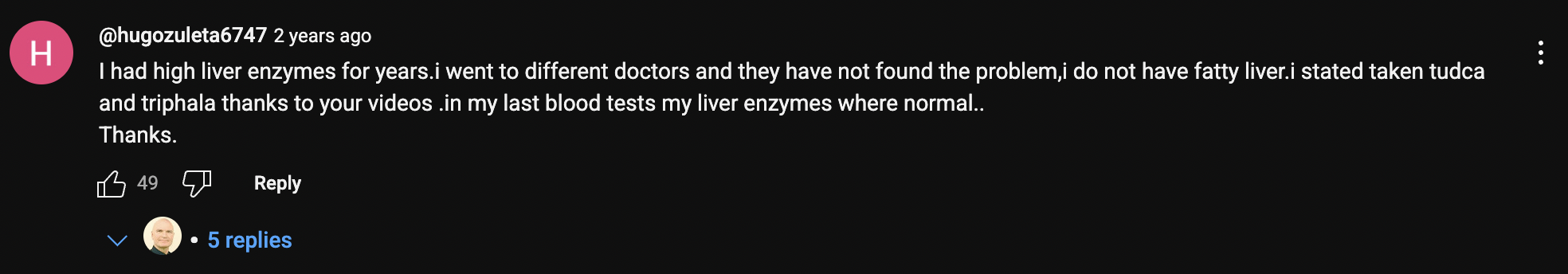 YouTube comment about liver enzyme improvement with liked and replied icons.