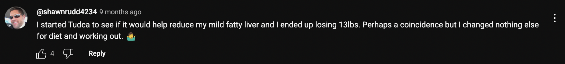 A YouTube comment praising a supplement, showing a profile picture and likes count.