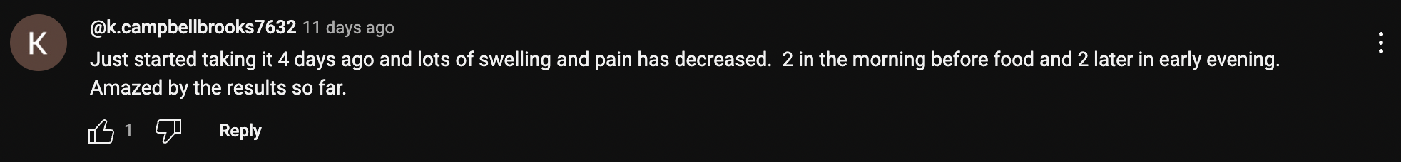 A YouTube comment praising a supplement, showing a profile picture and likes count.